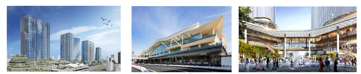 写真提供:JR東日本
(左)TAKANAWA GATEWAY CITY完成予想図 (中央)高輪ゲートウェイ駅 (右)Gateway Parkイメージ