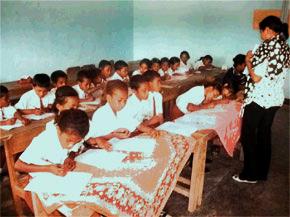 災害の実態調査に参加するソエ県キエ郡ピリ村ブサブナオ小学校の子どもたち