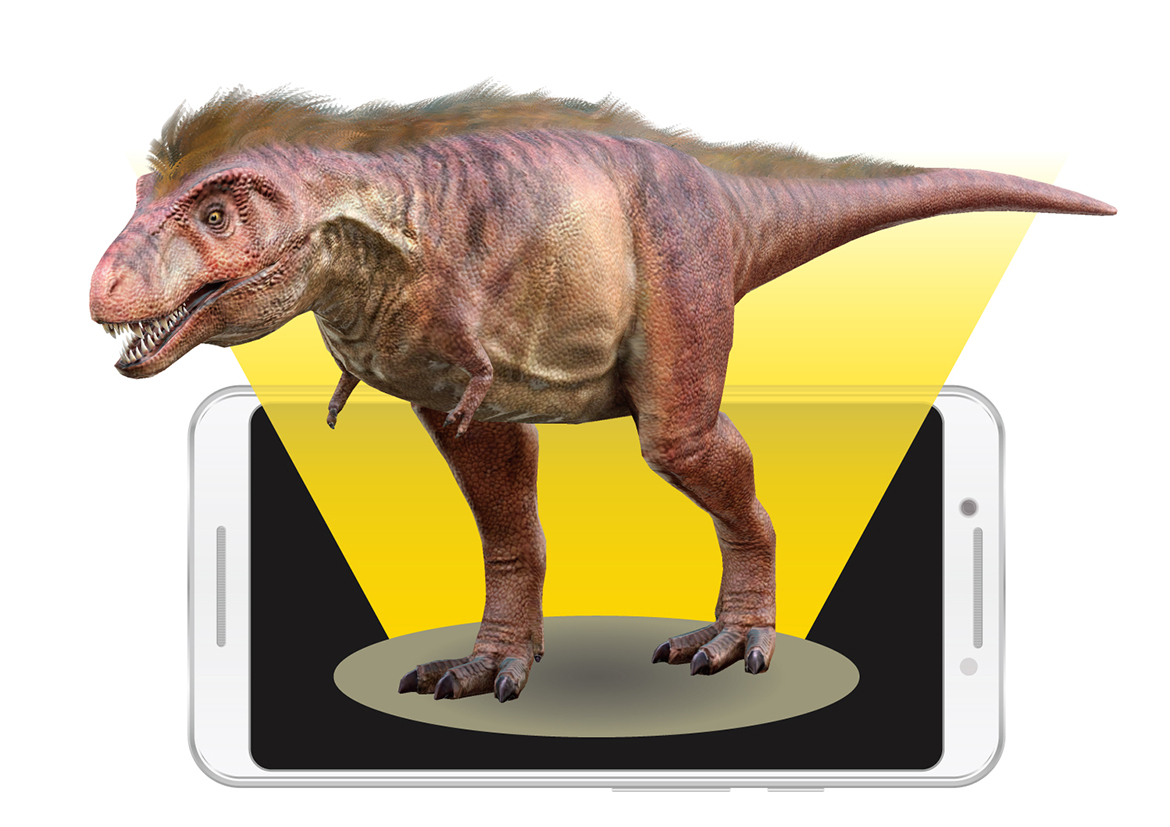 『学研の図鑑LIVE恐竜新版』のページをスキャンすると現れるティラノサウルスのAR。